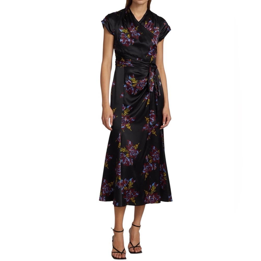 CINQ À SEPT Women’s Black Floral Neila Surplice Cocktail Silk Midi-Dress- Size 6